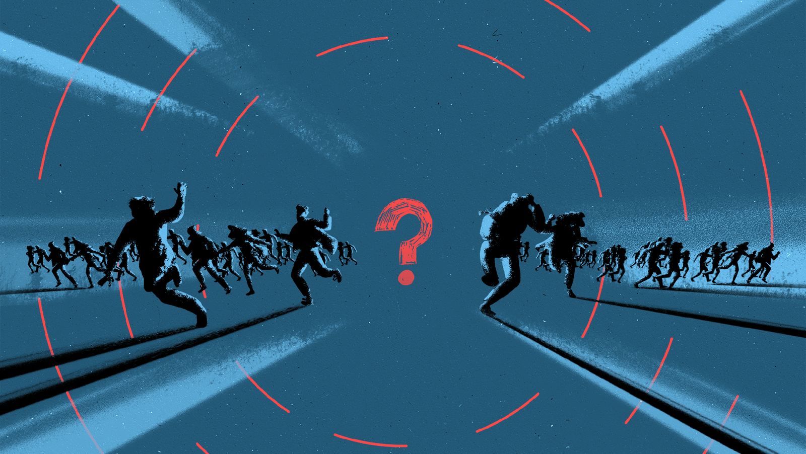 Силуэты людей, разбегающихся в панике от центральной точки с красным вопросительным знаком — иллюстрация нераскрытой тайны «звукового оружия» на протесте 15 марта