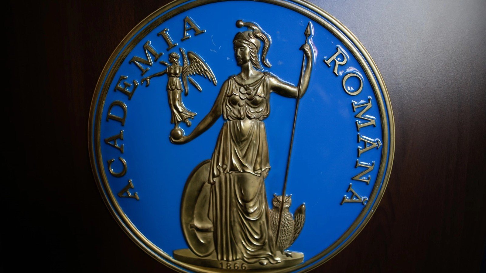 Эмблема Румынской академии крупным планом — золотой рельеф с изображением классической фигуры на синем фоне