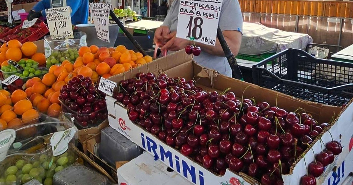 Прилавок с черешней на рынке в Кюстендилском регионе — области, получающей инвестиции в логистический центр для сельскохозяйственной продукции
