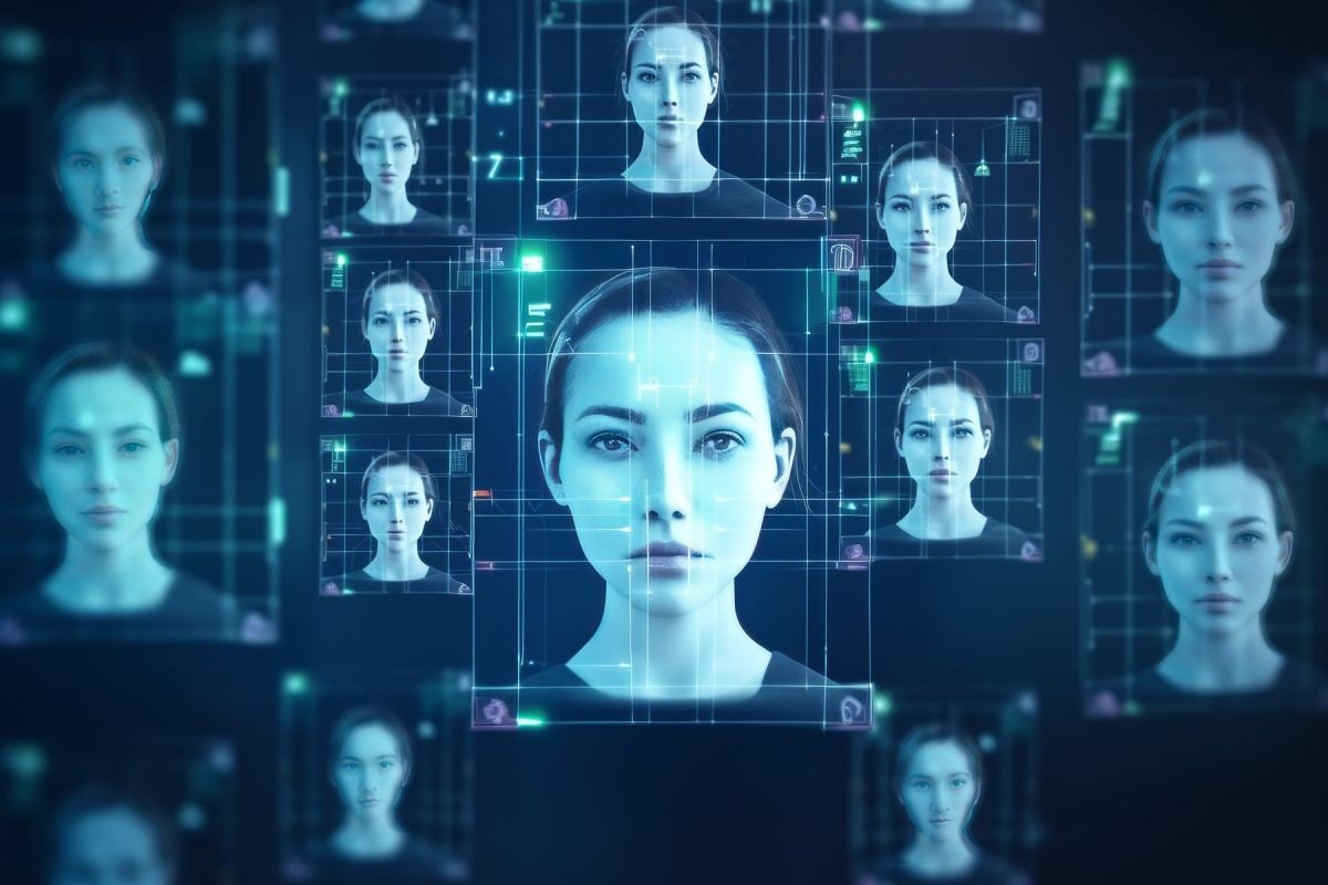 Цифровая иллюстрация технологии дипфейков с множеством синтетических лиц на виртуальных экранах
