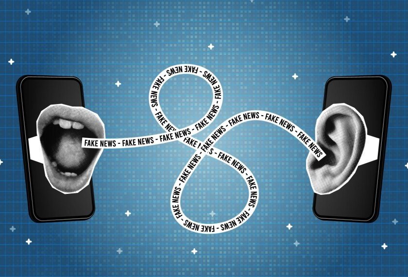 Художественная иллюстрация: два телефона — рот и ухо, соединённые лентами «FAKE NEWS», символизируют распространение дезинформации. Иллюстрация: Education Week