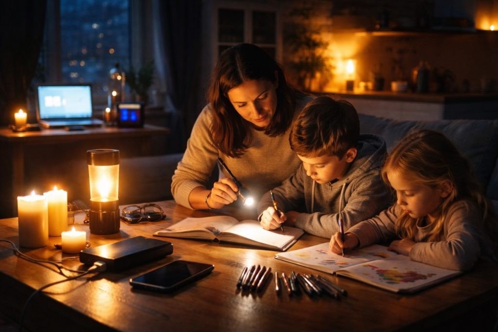 Семья с детьми занимается уроками при свечах во время отключения электроэнергии