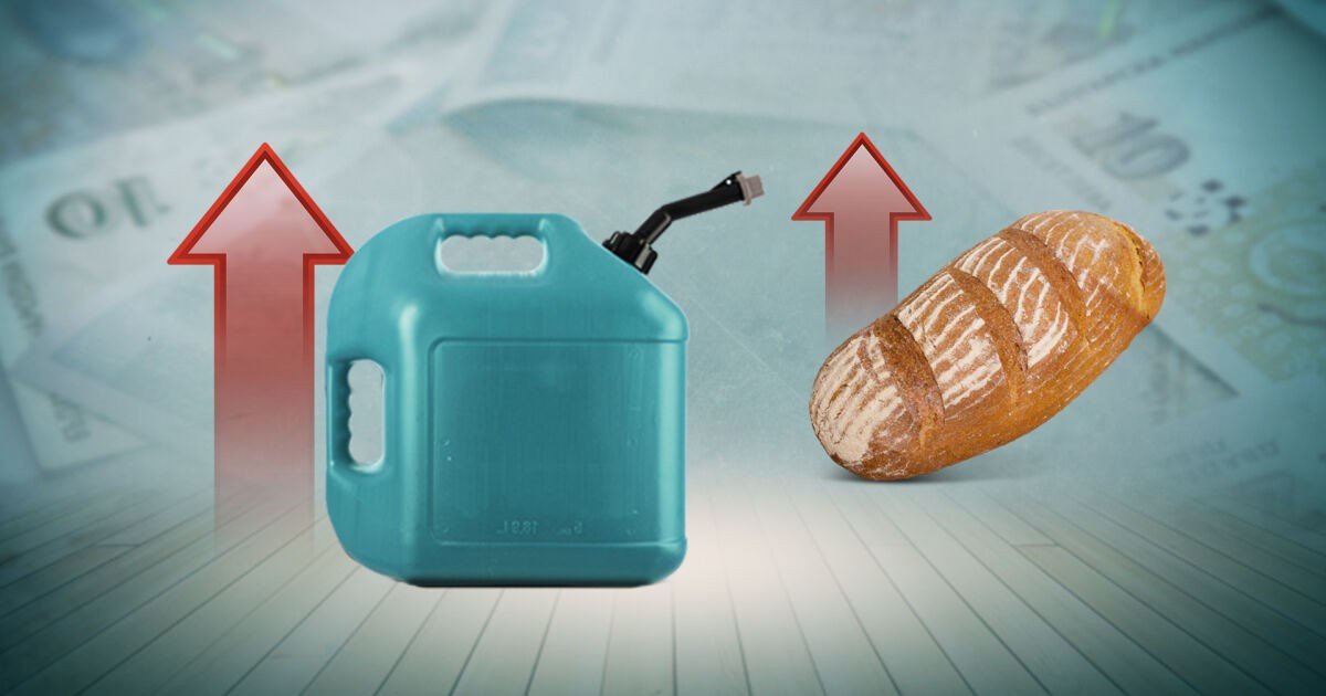 Канистра с топливом и буханка хлеба с красными стрелками вверх на фоне банкнот — визуализация роста цен на горючее и продукты