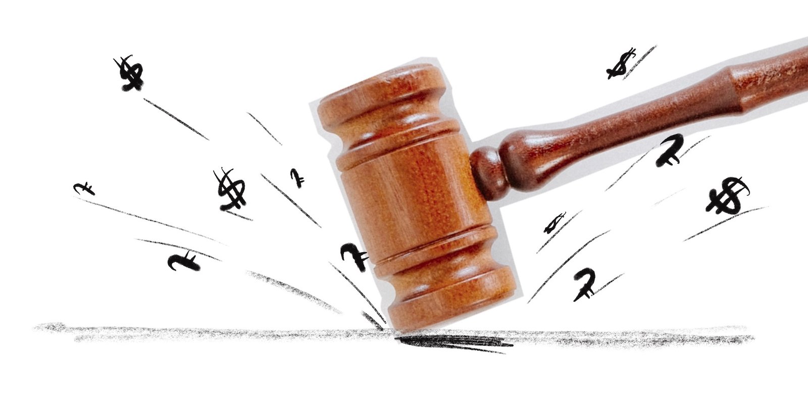 Художественная иллюстрация деревянного молотка судьи с разлетающимися знаками доллара, символизирующая антикоррупционные судебные действия. Иллюстрация: EVN Report