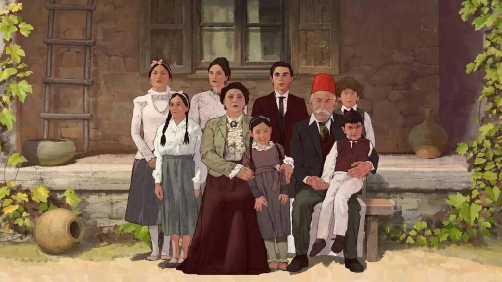 Кадр из анимационного фильма «Восход Авроры» — армянская семья позирует для портрета у своего дома в начале XX века