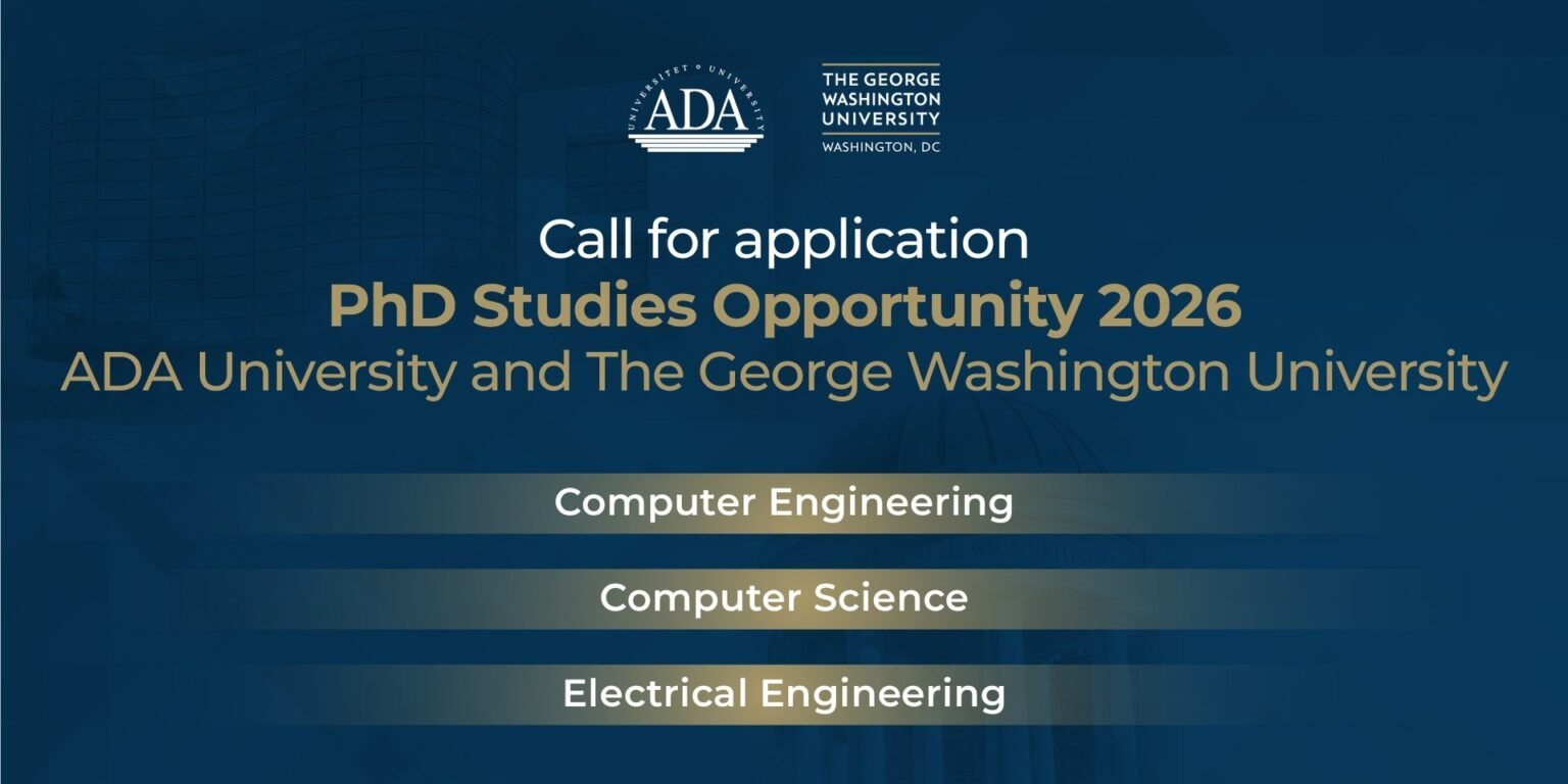 Официальный баннер с объявлением о приёме в докторантуру (PhD) на 2026 год в ADA University совместно с The George Washington University по направлениям компьютерной инженерии, информатики и электротехники