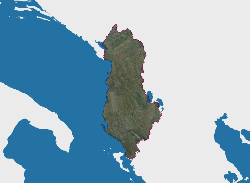 Спутниковый снимок территории Албании, демонстрирующий рельеф страны с высоты