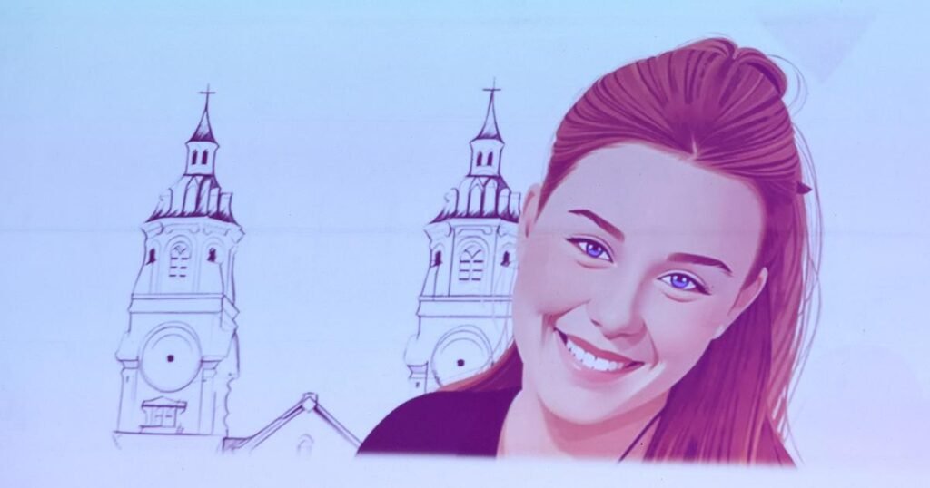 Награды за доброту: как школа в Загребе хранит память об Анамарии Художественная иллюстрация Анамарии Чаревич на фоне башен загребского собора