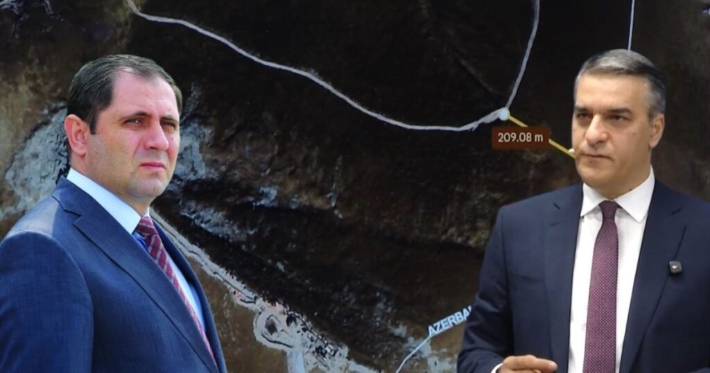 Коллаж: министр обороны Армении Сурен Папикян и бывший омбудсмен Арман Татоян на фоне спутникового снимка спорного участка армяно-азербайджанской границы с отметкой расстояния