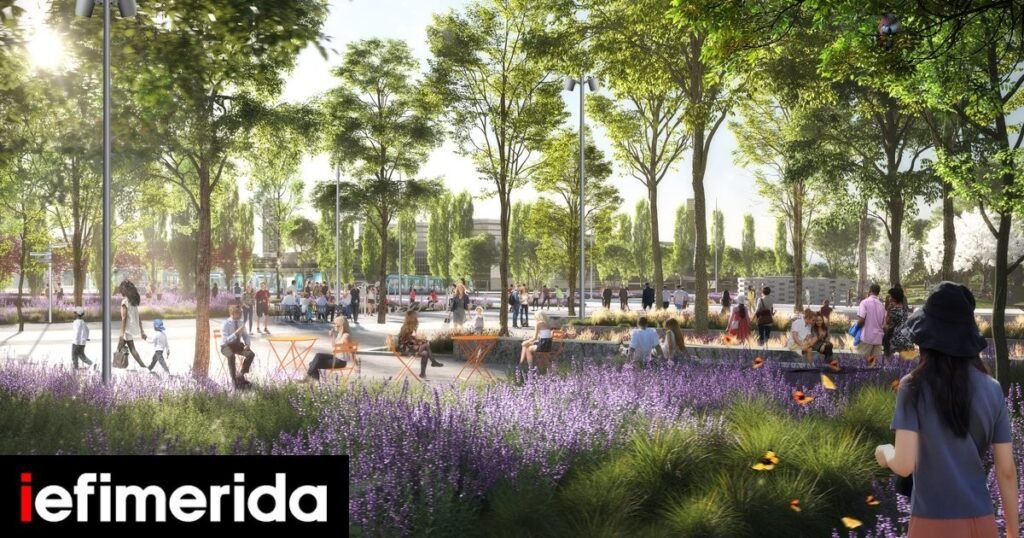 Архитектурная визуализация парковой зоны проекта The Ellinikon в Афинах — зелёные аллеи, пешеходные дорожки, деревья и цветочные насаждения
