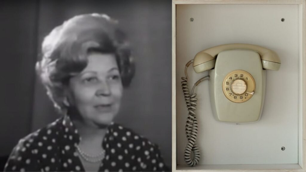 Коллаж: чёрно-белый портрет диктора TVR Джорджеты Перля и винтажный дисковый телефон на стене — символы эпохи, когда румыны узнавали точное время по номеру 958