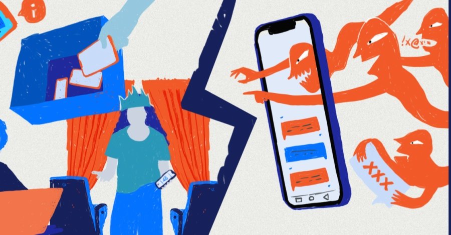 Иллюстрация онлайн-угроз: монстры и руки, выходящие из смартфона, символизируют цифровые опасности для молодежи. Иллюстрация: Scena9