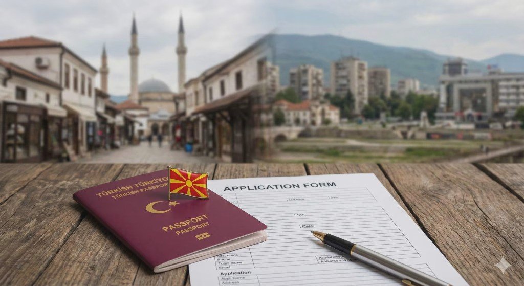 Турецкий паспорт с булавкой-флагом Северной Македонии и бланком заявления на гражданство, на фоне Старого базара в Скопье. Фото: Libertas