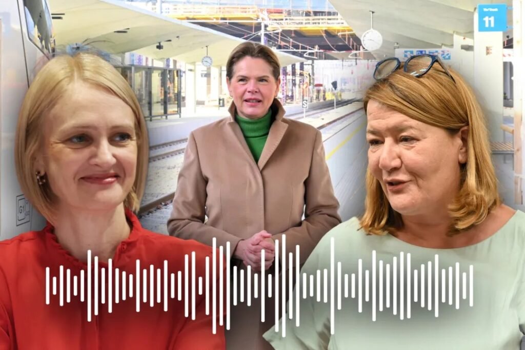 Коллаж трёх словенских женщин-политиков с наложением аудиоволны, символизирующий скандал с прослушками