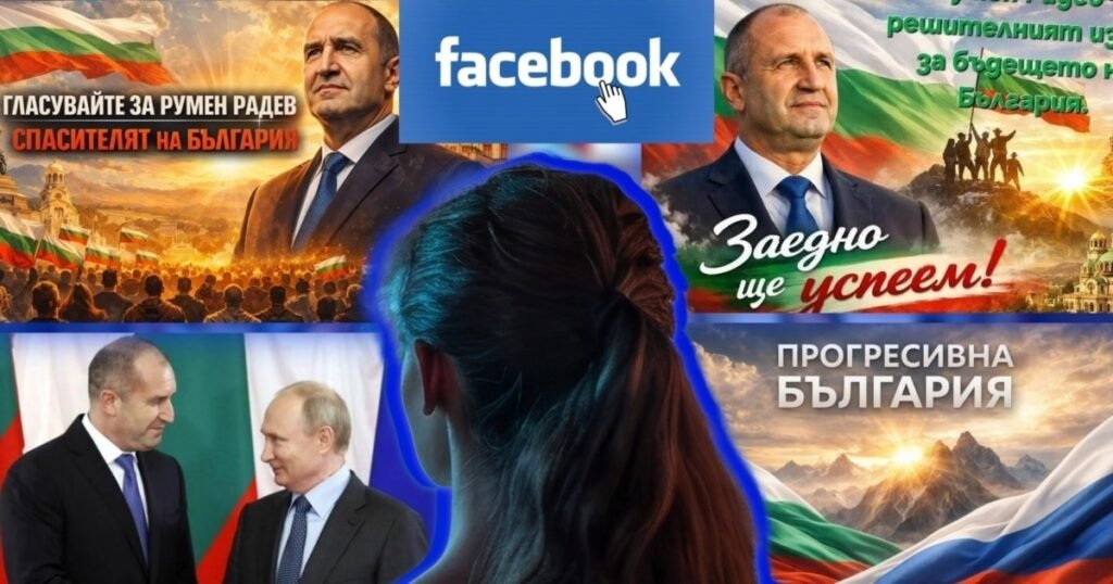 Коллаж с Радевым, Путиным и логотипом Facebook на фоне пропагандистских постов