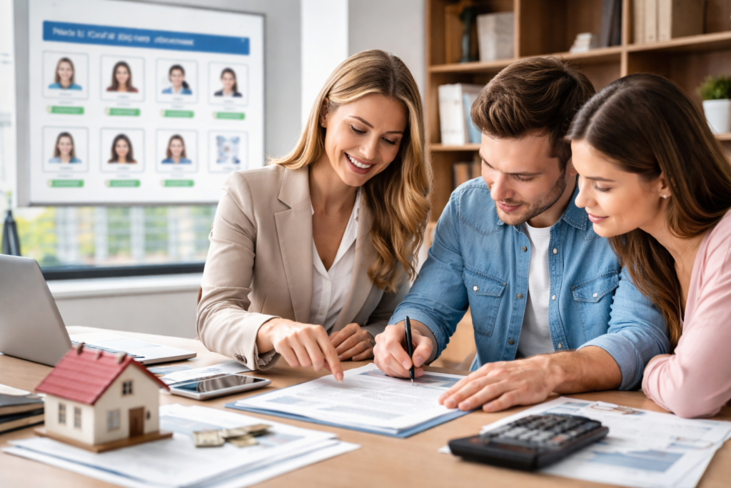 Сертификат обязателен: новые правила для риелторов Молдовы Риелтор помогает паре подписать документы на недвижимость в офисе, на столе видны макет дома и ноутбук