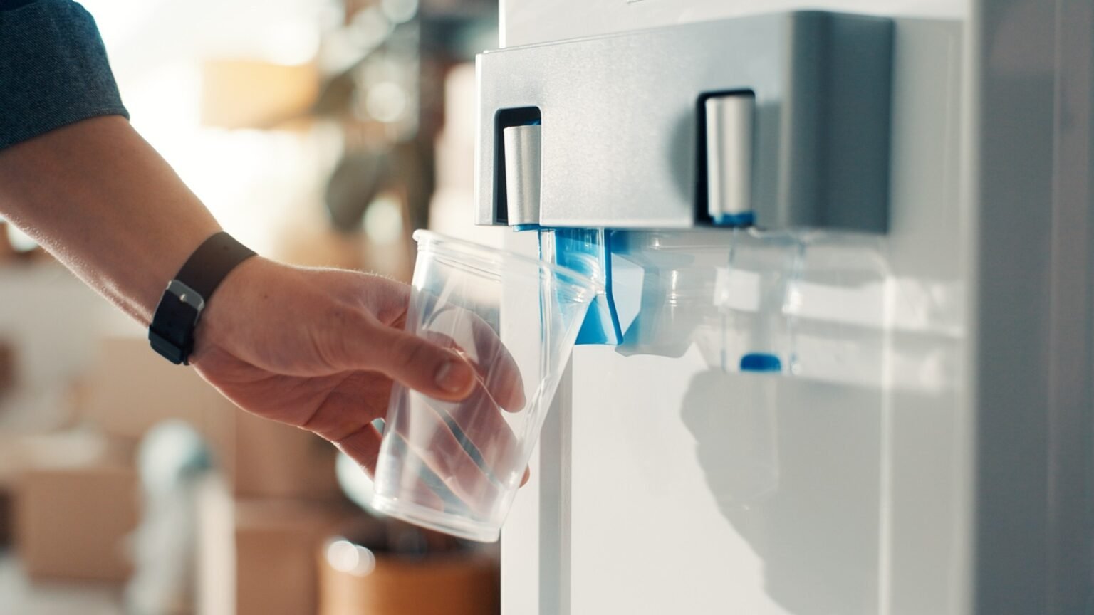 Мужчина наполняет пластиковый стакан водой из офисного кулера