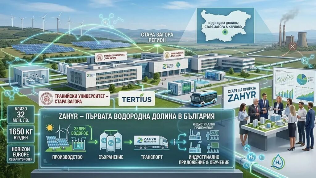 Болгария запускает первую водородную долину Инфографика проекта ZAHYR с изображением водородной инфраструктуры в регионе Стара-Загора