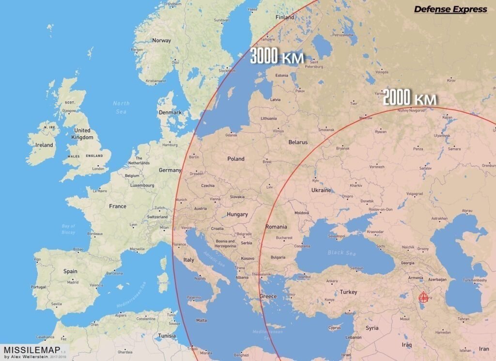 Карта дальности иранских ракет (2000-3000 км), достигающих Болгарии и большей части Европы. Фото: Defense Express