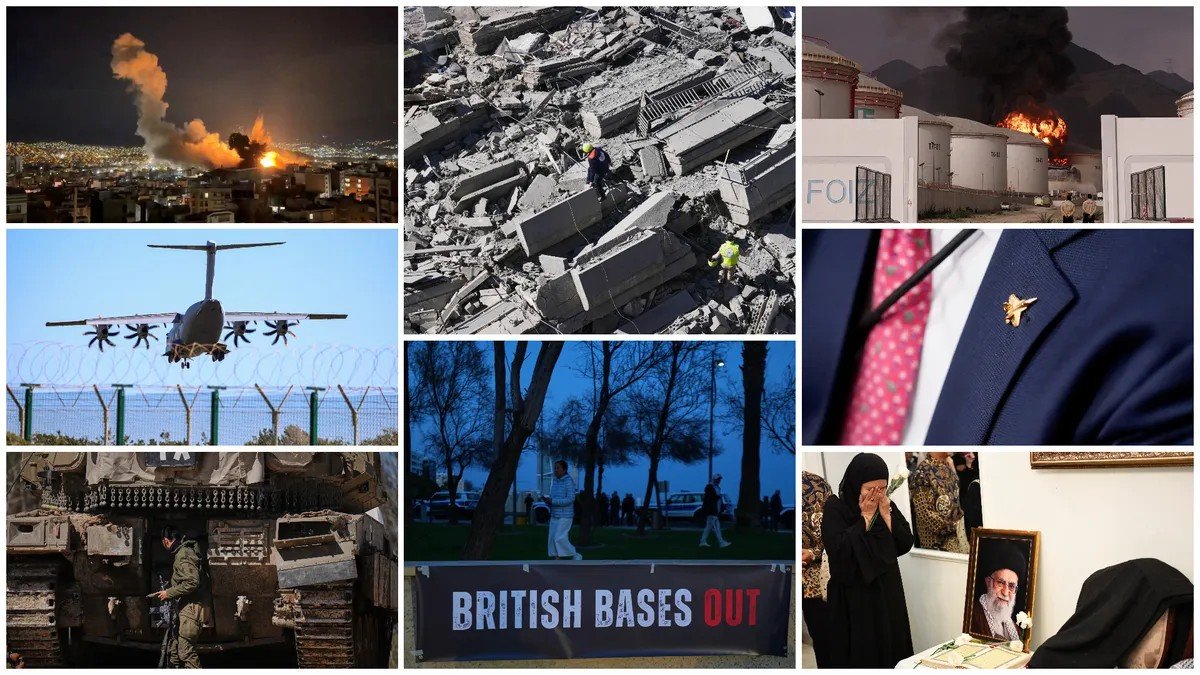 Collage of Middle East war scenes: airstrikes on Tehran, rubble, military aircraft, mourning. Фото: N1 Info