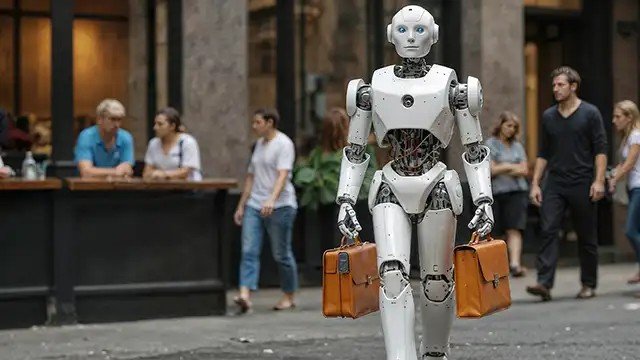 Хуманоиден робот с два куфара крачи по градска улица сред минувачи. Илюстрация: Infoz.bg