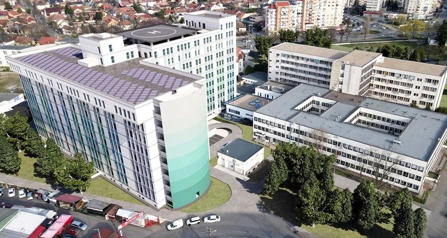 Вид сверху на проект нового педиатрического корпуса рядом с существующим зданием больницы в Араде