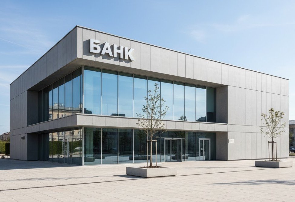 Фасад современного банковского здания с надписью «Банк»