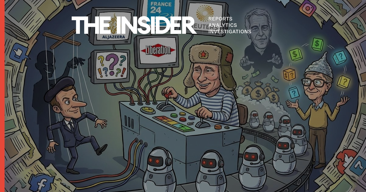 Карикатура: Путин за пультом управления производит ботов-дезинформаторов, Макрон как марионетка, конспирологические темы Эпштейна. Иллюстрация: The Insider