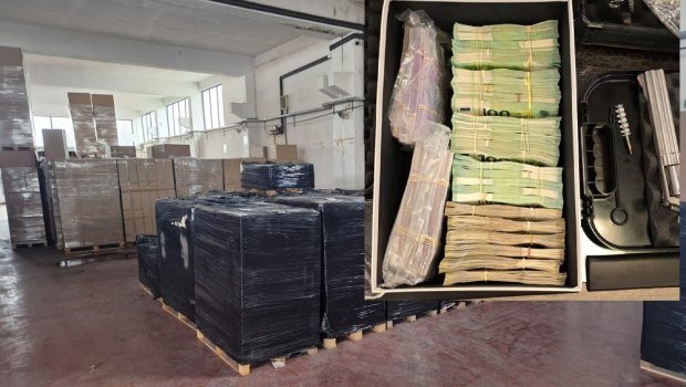 Коллаж: склад с контрабандным товаром на поддонах и изъятые пачки наличных. Фото: in.gr