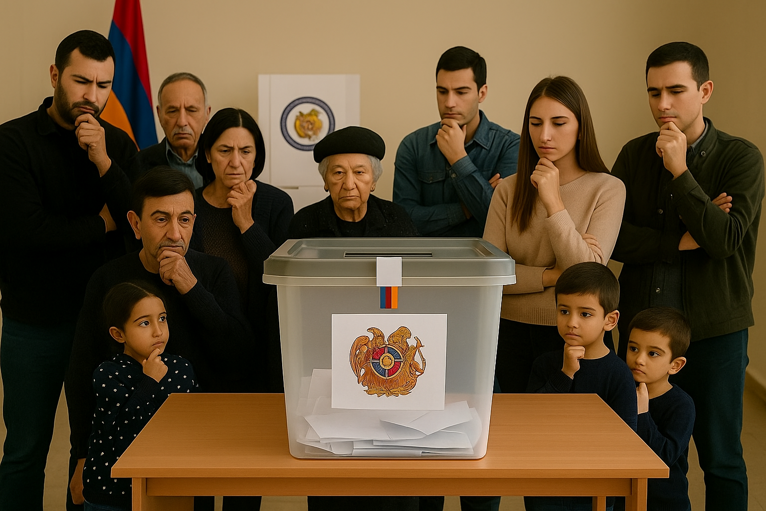 Многопоколенная армянская семья собралась вокруг избирательной урны с армянским флагом. Фото: Unknown