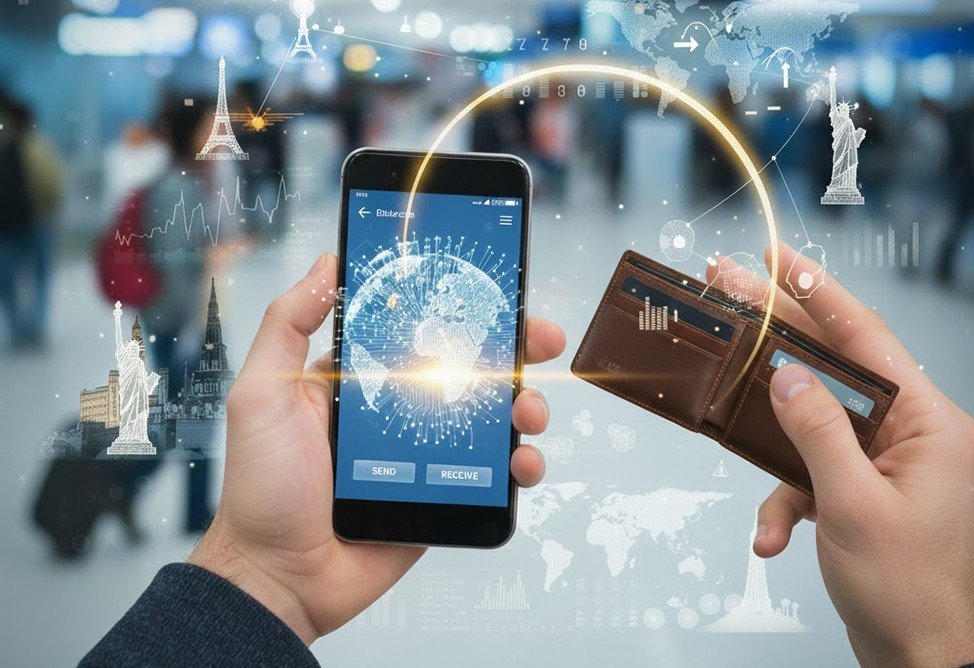 Концепция цифровых денежных переводов: руки со смартфоном с приложением для глобальных платежей и кошельком