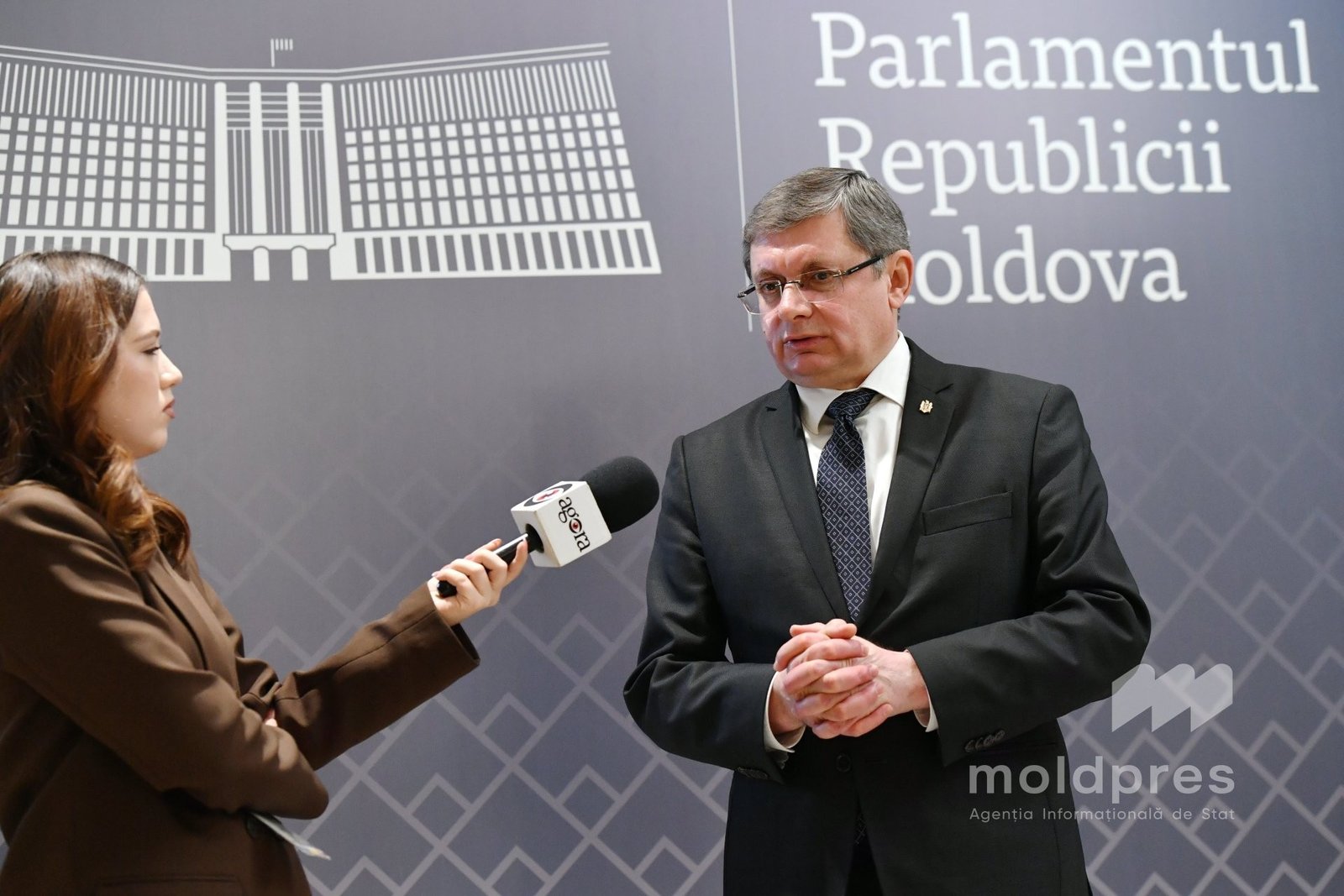 Moldova Parliament speaker Igor Grosu giving interview at Parliament building. Фото: Moldpres