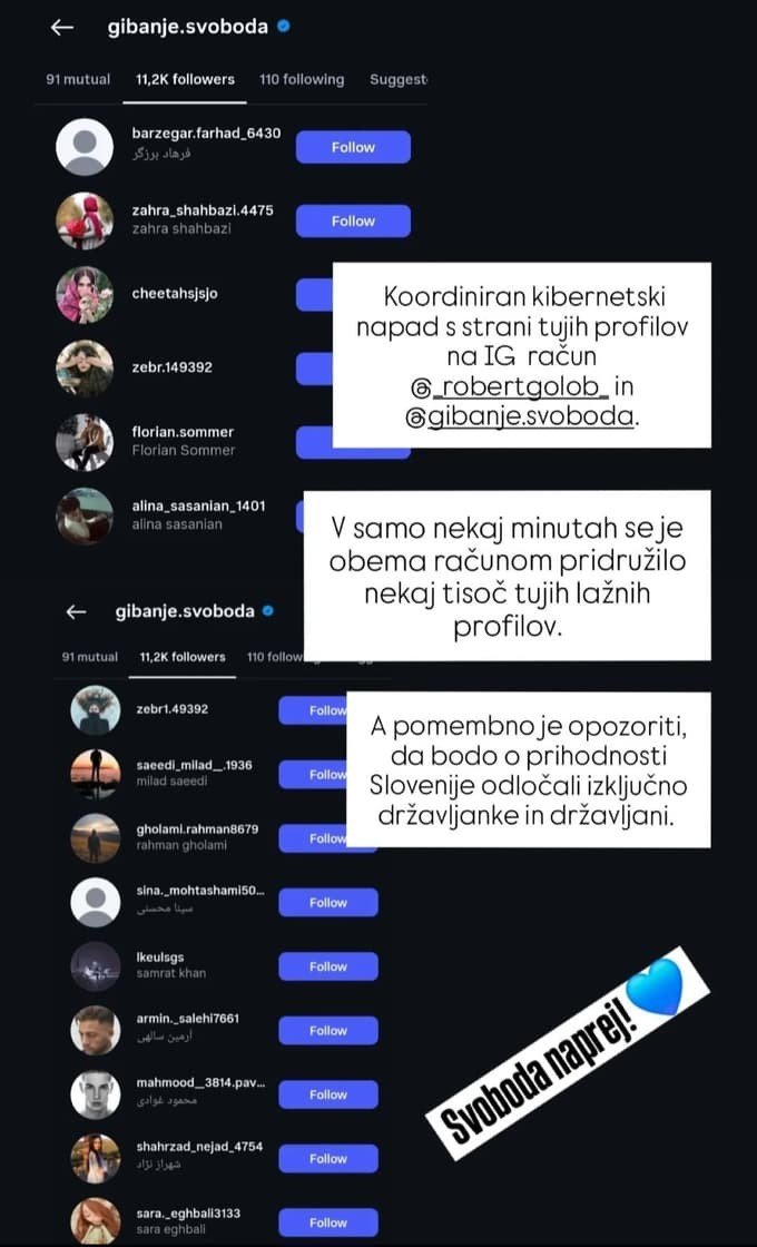 Screenshot showing fake followers attacking Gibanje Svoboda Instagram account