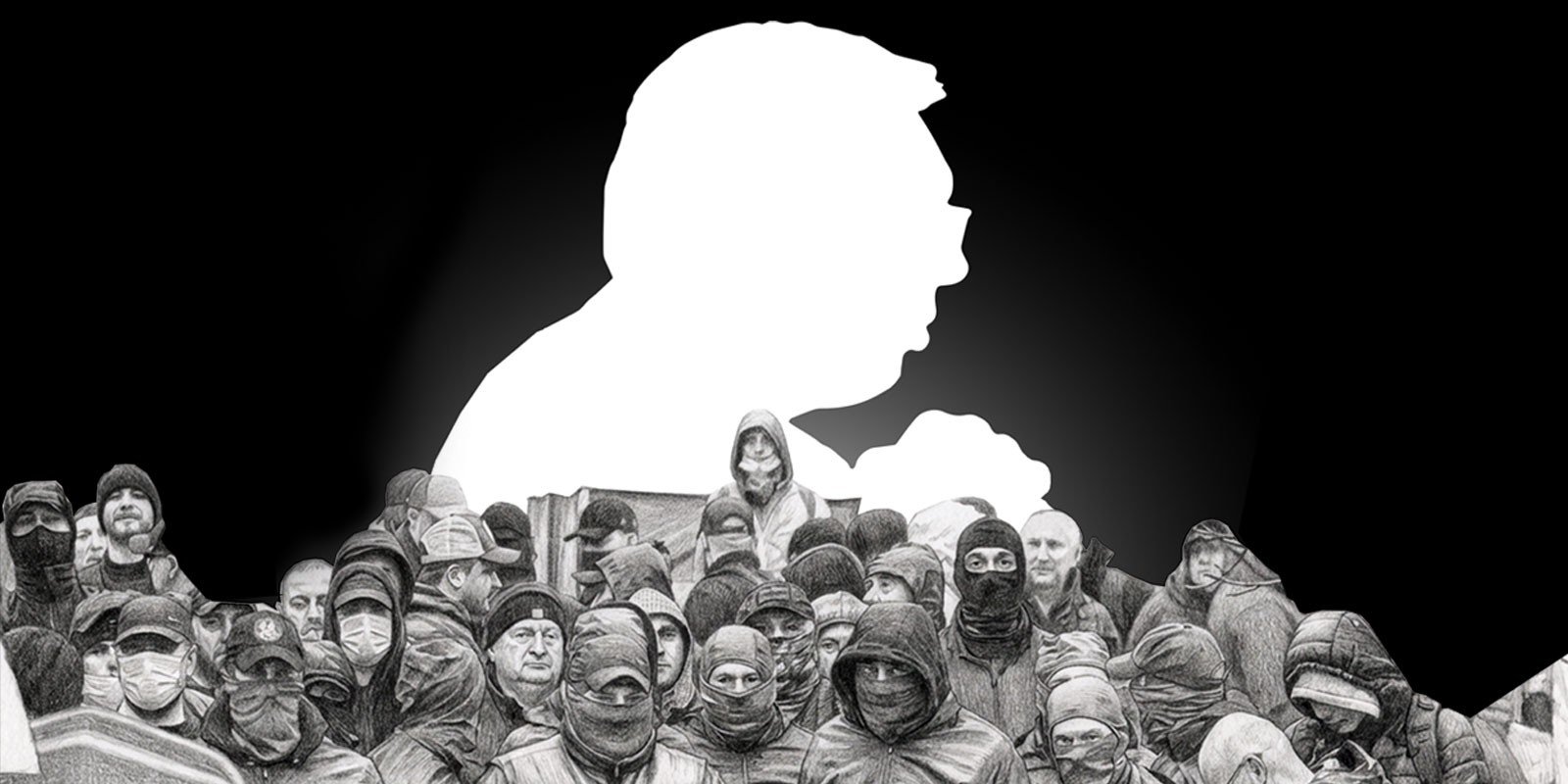 Белый силуэт влиятельной фигуры нависает над толпой людей в масках и капюшонах — иллюстрация к теме теневого влияния организованной преступности на общество