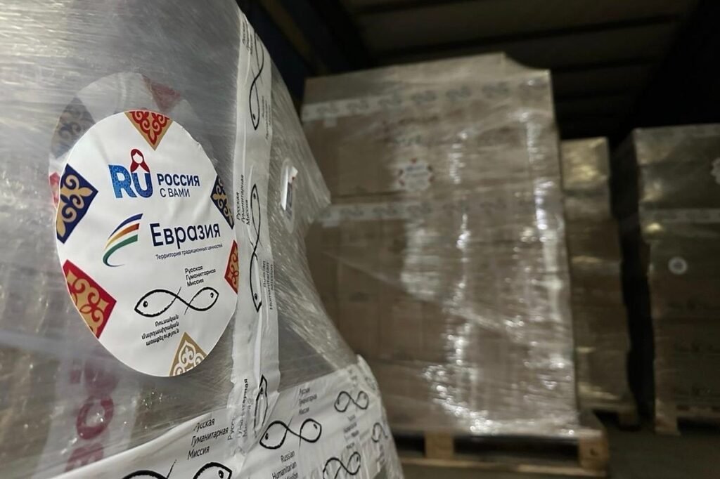 Коробки с российской гуманитарной помощью с наклейками «Россия с вами» и «Евразия» от Русской гуманитарной миссии на складе