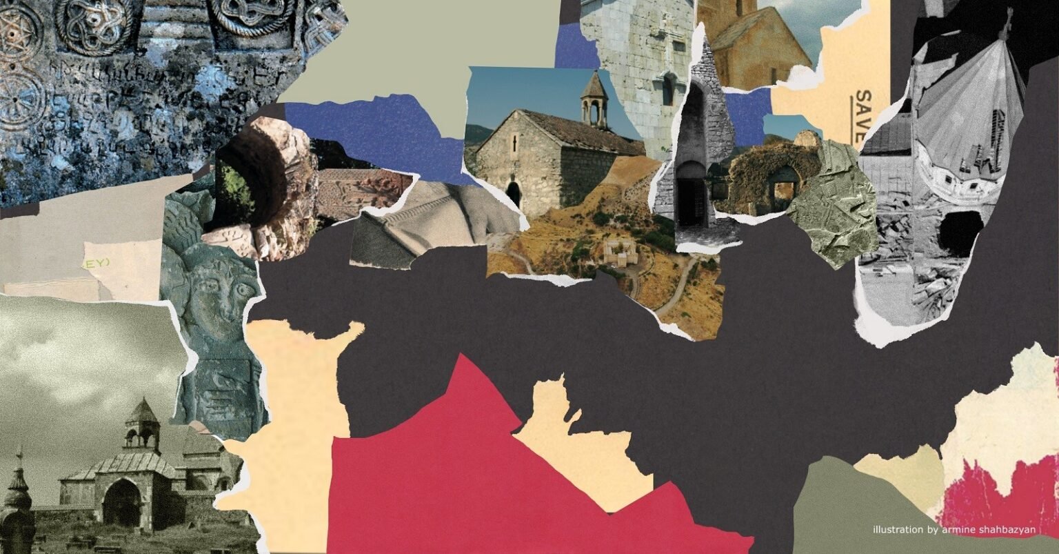 Художественный коллаж, изображающий разрушение армянского культурного наследия в Арцахе — церкви, хачкары и исторические памятники на фоне разорванных фрагментов