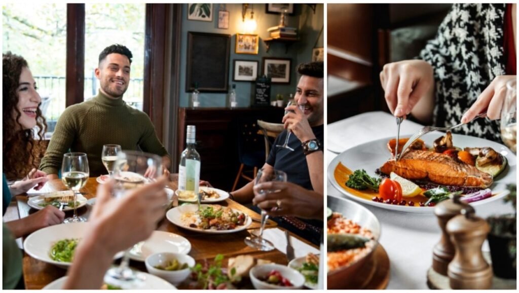 Гости ресторана за совместным обедом и крупный план сервированного блюда из рыбы с гарниром