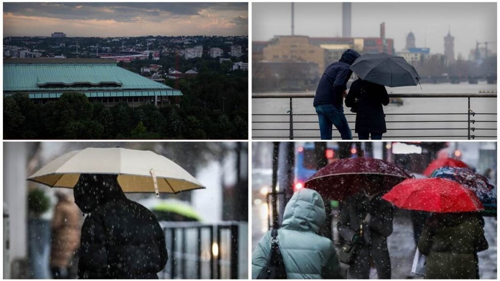 Коллаж из четырёх фотографий: дождливая погода в сербском городе — прохожие под зонтами, пасмурное небо над крышами