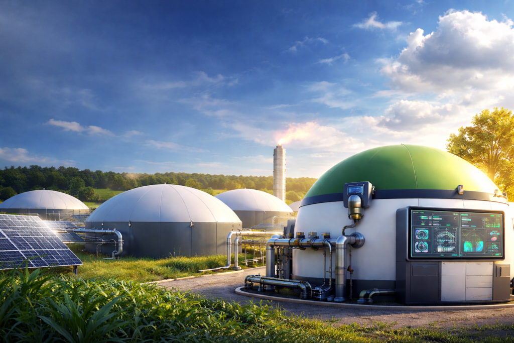 BioNova: грузинский стартап превращает навоз в энергию и удобрения Визуализация умных биогазовых установок BioNova с солнечными панелями на зелёном поле