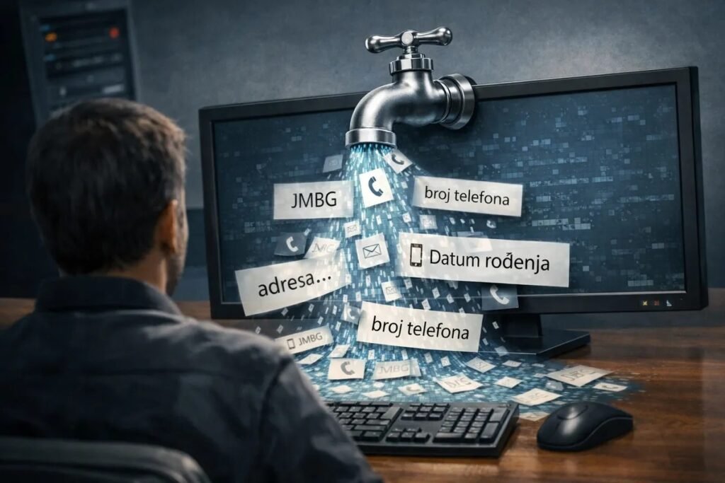Иллюстрация утечки персональных данных: на мониторе компьютера изображён водопроводный кран, из которого льются документы с личной информацией граждан — JMBG, номера телефонов, адреса, даты рождения