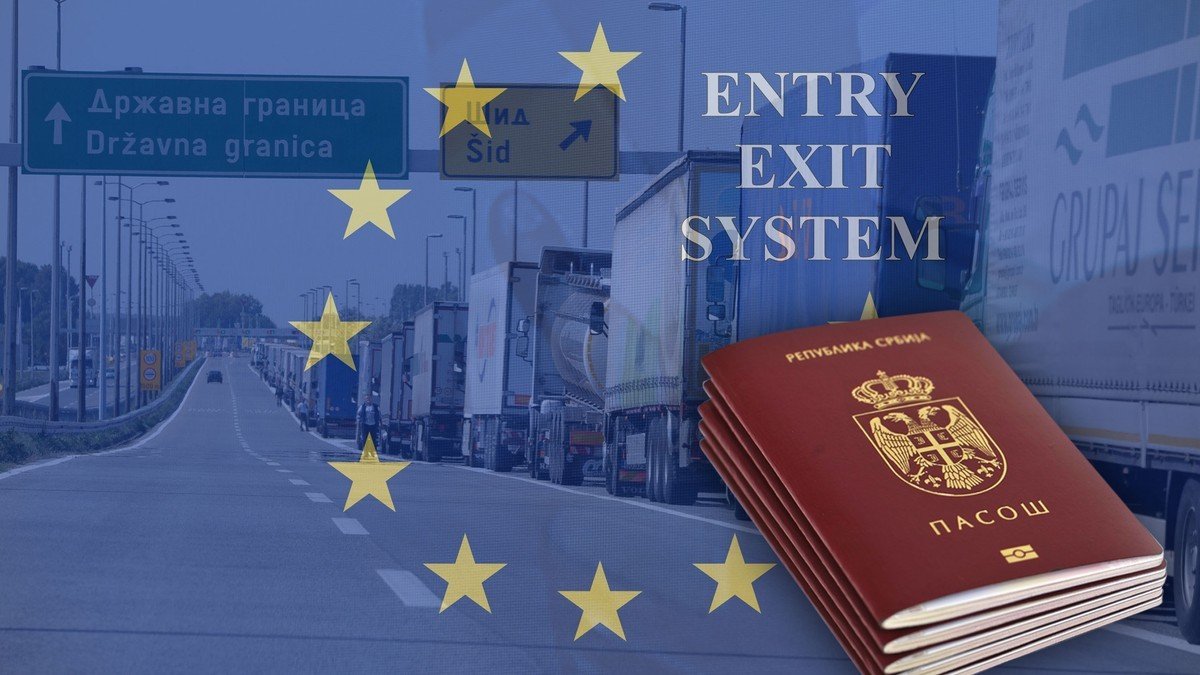 Collage showing Serbian border crossing at Šid with Serbian passport, EU stars, and Entry Exit System text overlay. Фото: Blic.rs