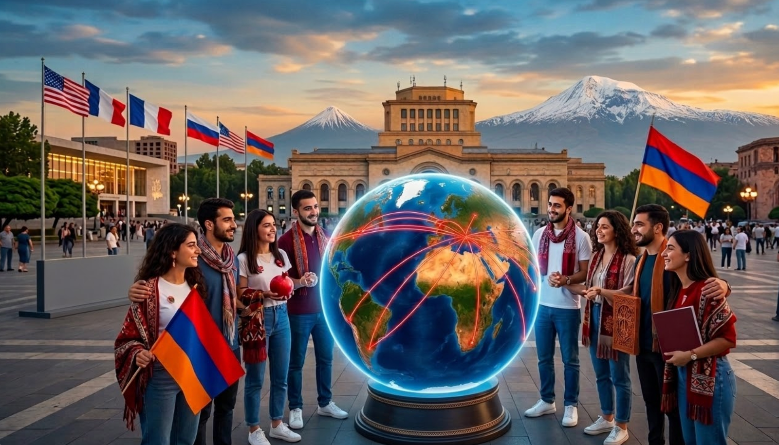 Молодые армяне с национальными флагами на площади Республики в Ереване на фоне Арарата и глобуса с линиями миграционных маршрутов