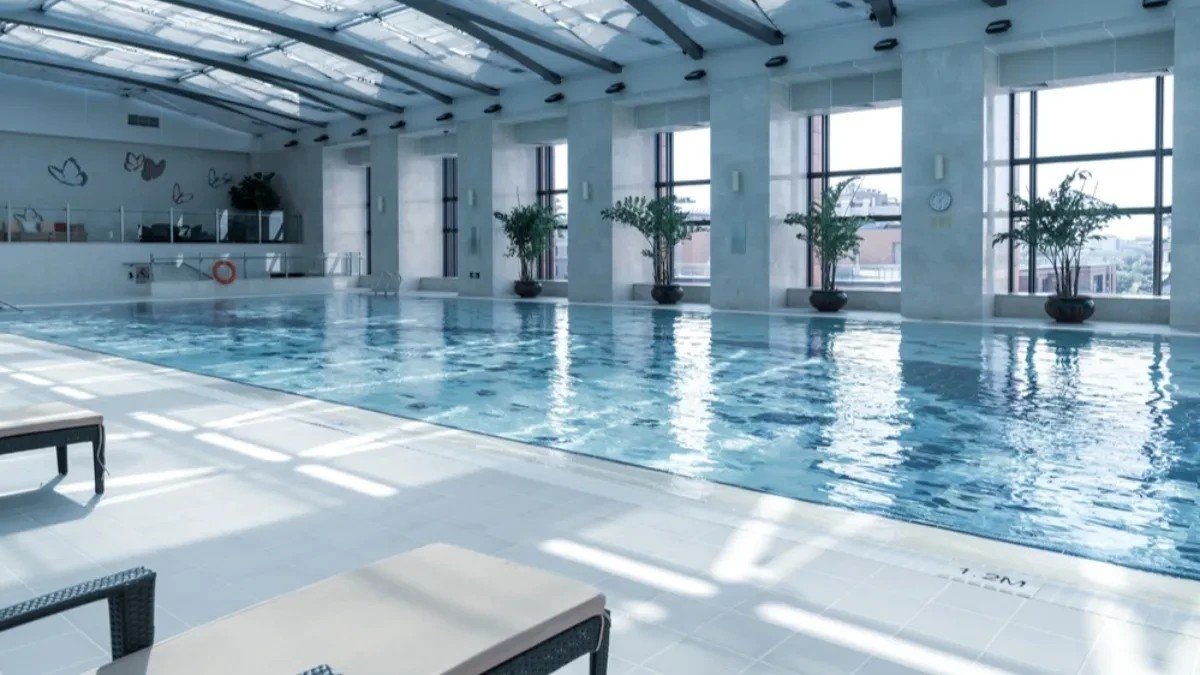 Крытый бассейн современного спа-комплекса со стеклянной крышей, через которую проникает естественный свет, и декоративными растениями вдоль бортиков