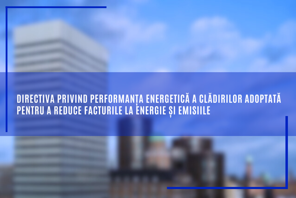 Графика Еврокомиссии с видом на современные здания, иллюстрирующая директиву об энергоэффективности зданий