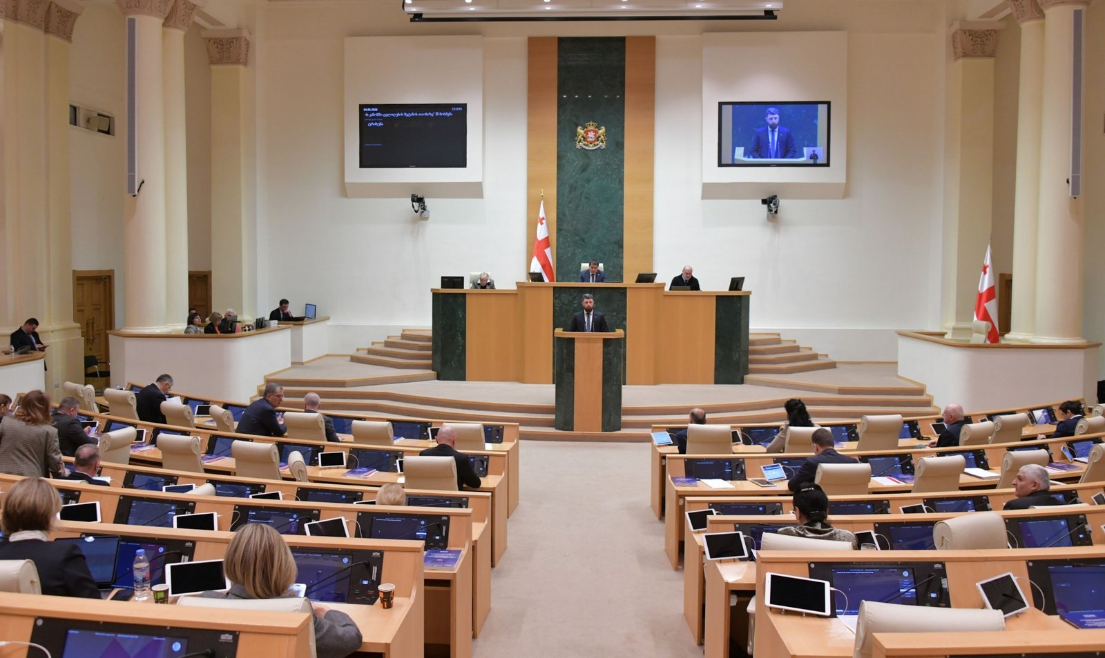 Пленарное заседание парламента Грузии, на котором обсуждались новые ограничительные законы о грантах и политической деятельности