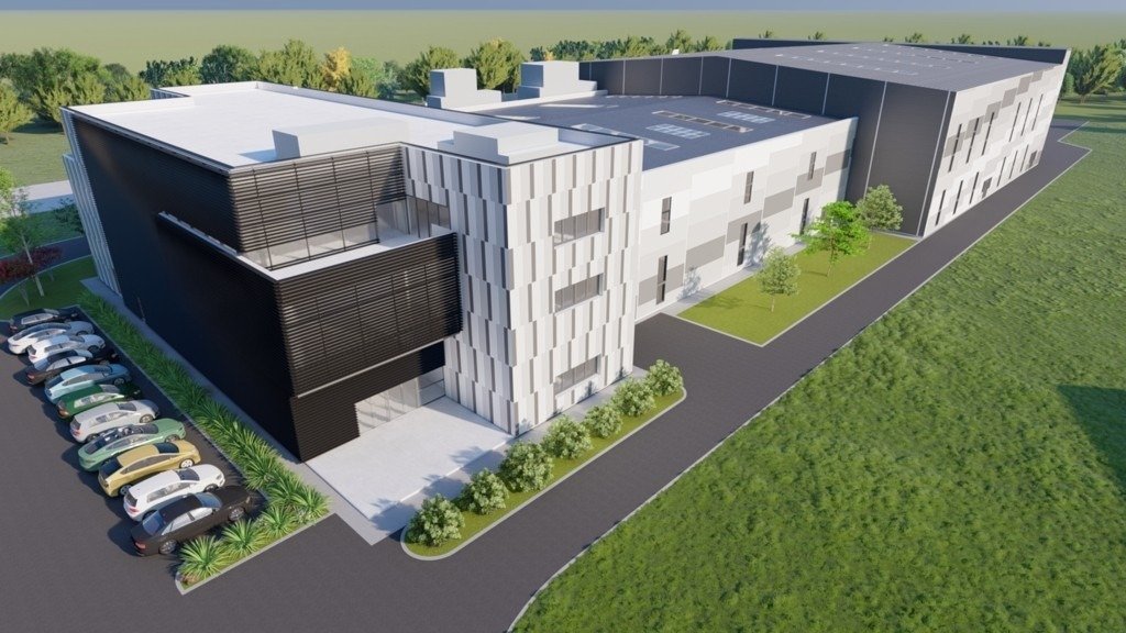 Архитектурная визуализация комплекса TGA INCAS с высоты птичьего полёта — несколько корпусов с парковкой у аэропорта Крайовы