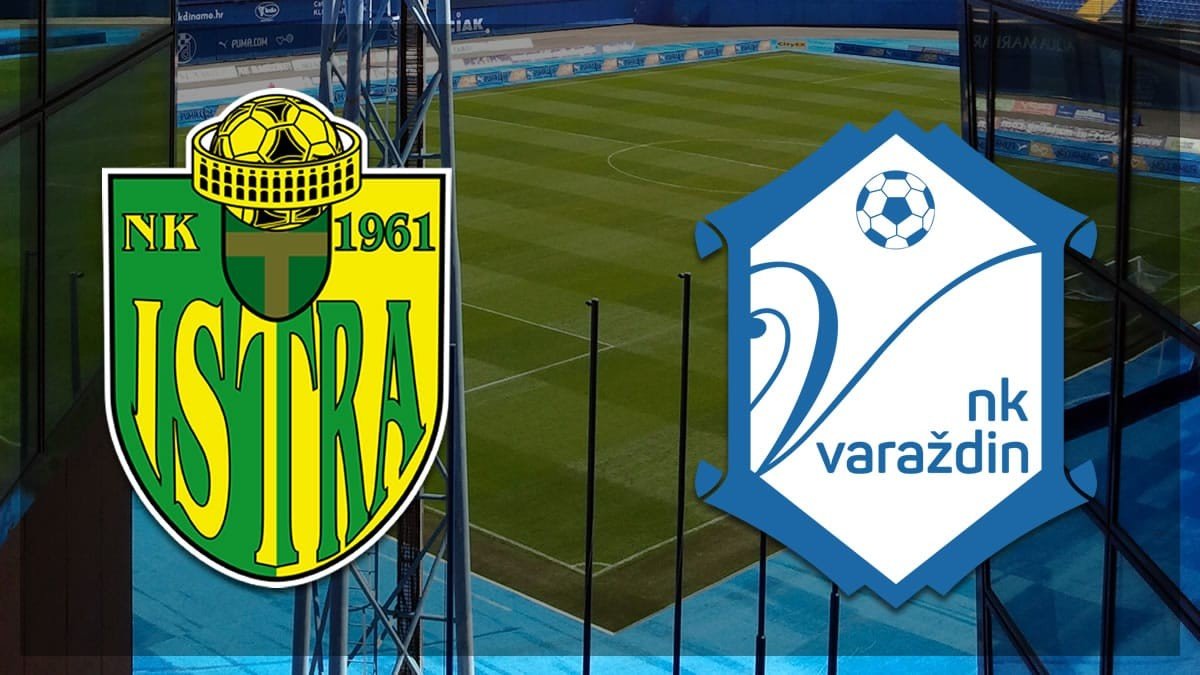 Эмблемы «Истры 1961» и «Вараждина» на фоне футбольного стадиона