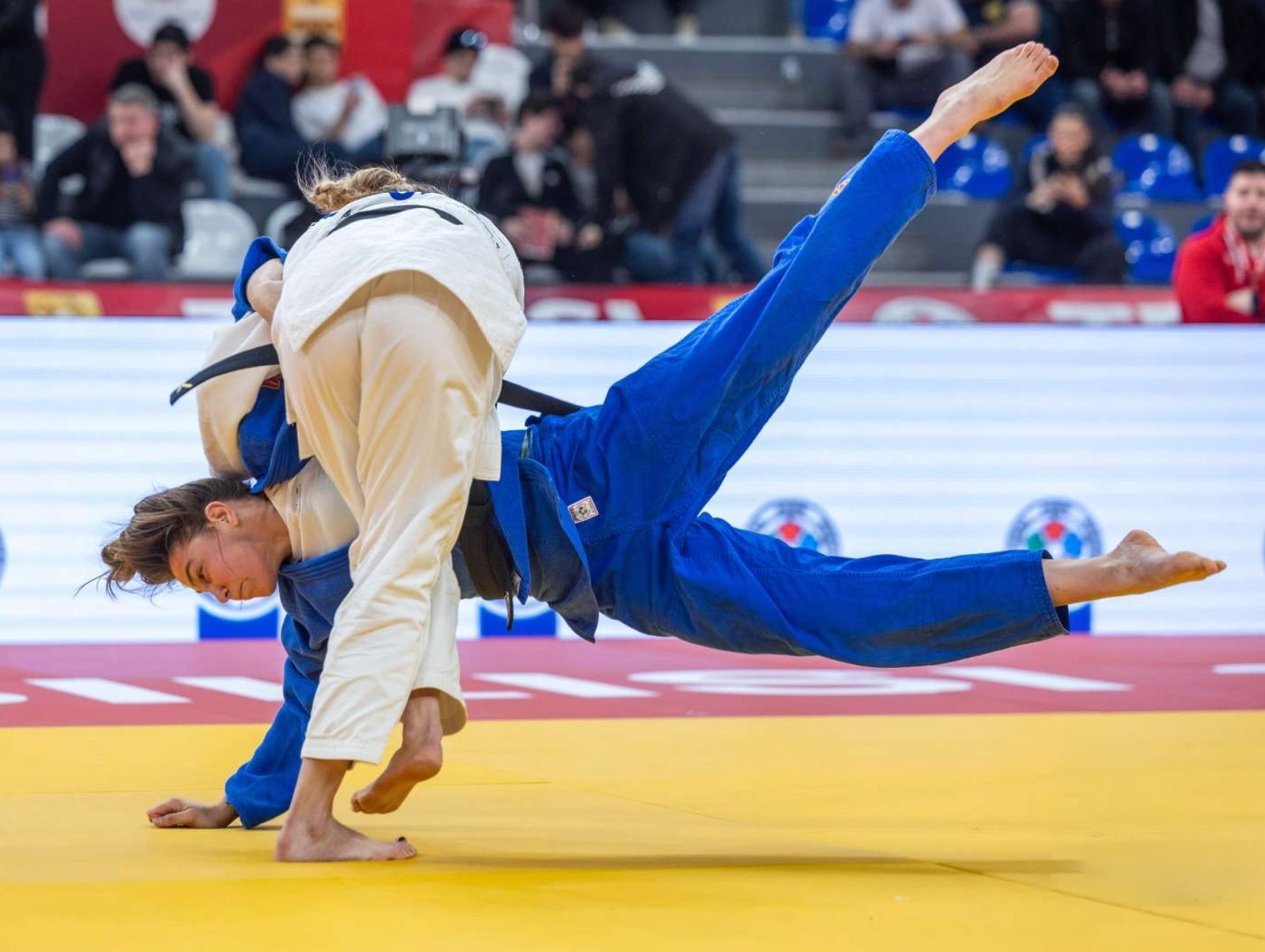 Динамичный бросок во время поединка второго дня Tbilisi Grand Slam 2026 — дзюдоист в белом кимоно проводит мощный приём