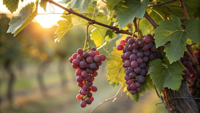 Спелые гроздья винограда на лозе в лучах заходящего солнца