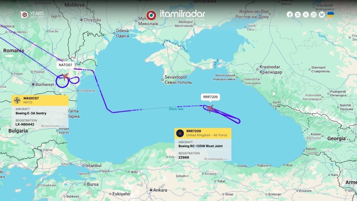 Карта полётов: самолёт ДРЛО НАТО E-3A Sentry и британский RC-135W Rivet Joint одновременно действуют над Чёрным морем, февраль 2026 года